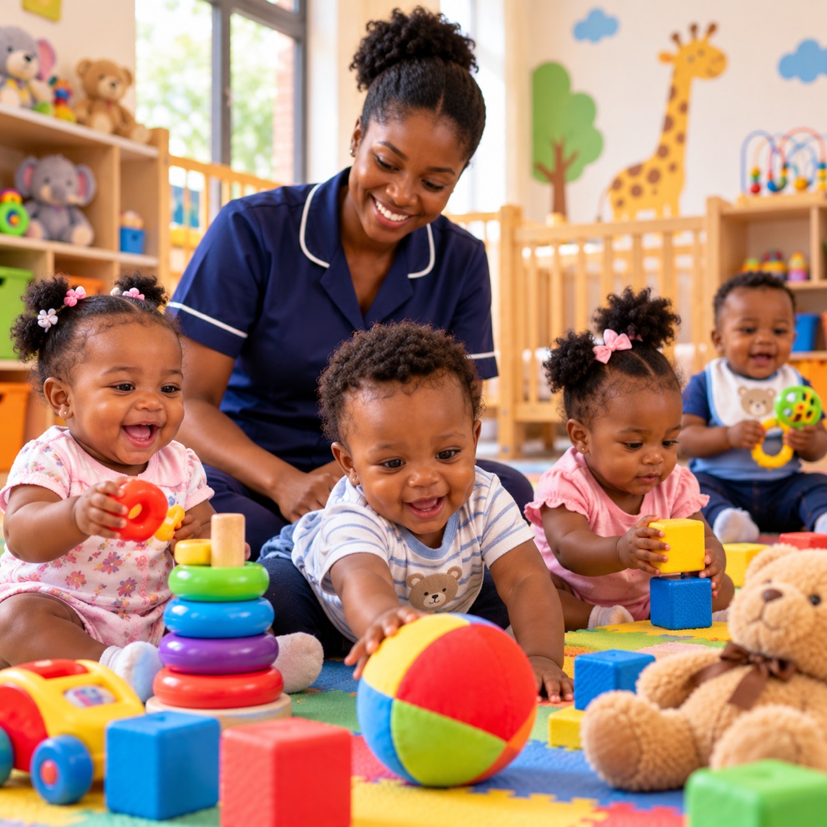 Caregiver playing with smiling toddlers and colourful toys in a bright creche