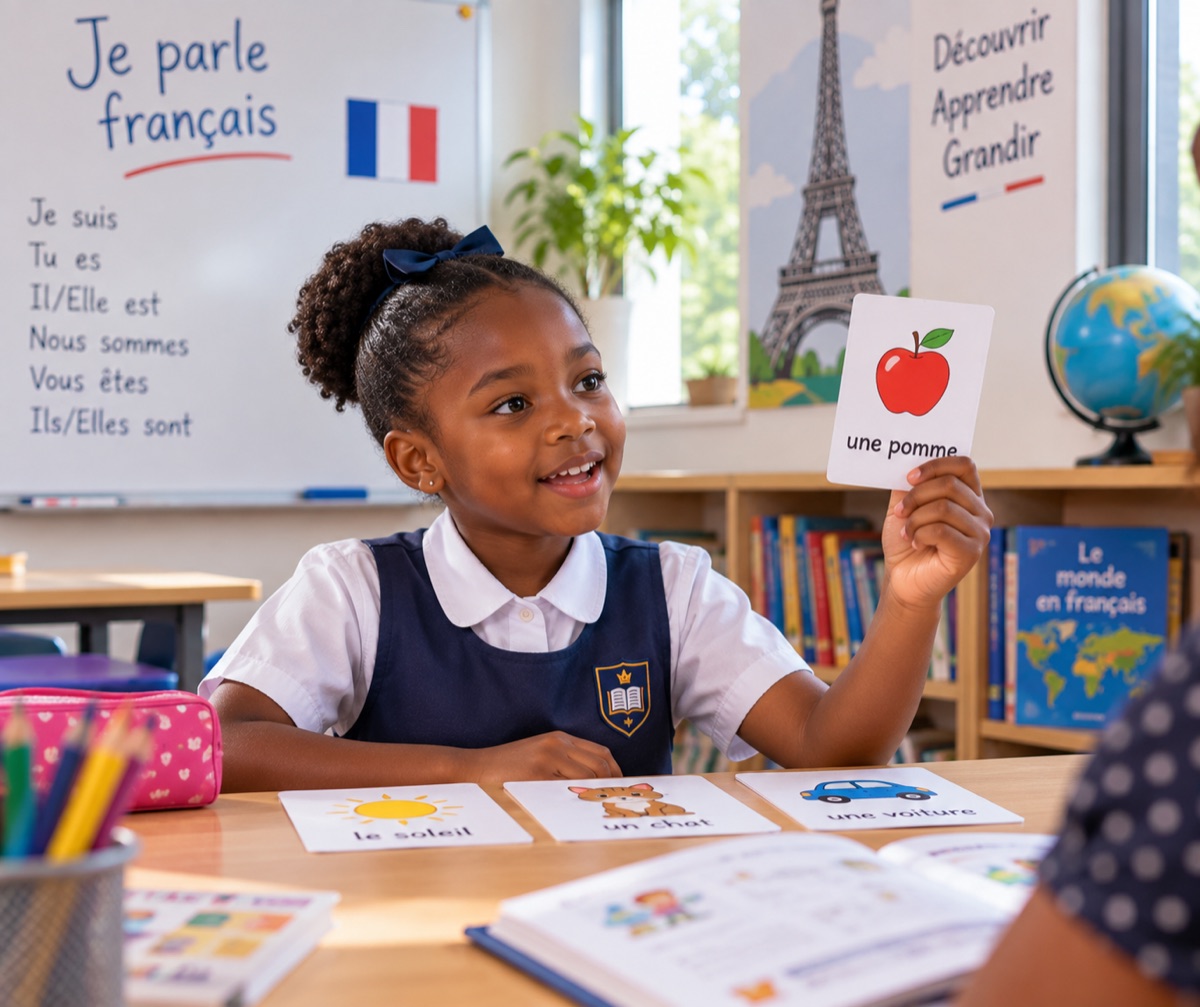 Girl in a French class holding a flashcard reading 'une pomme' with vocabulary cards on the desk