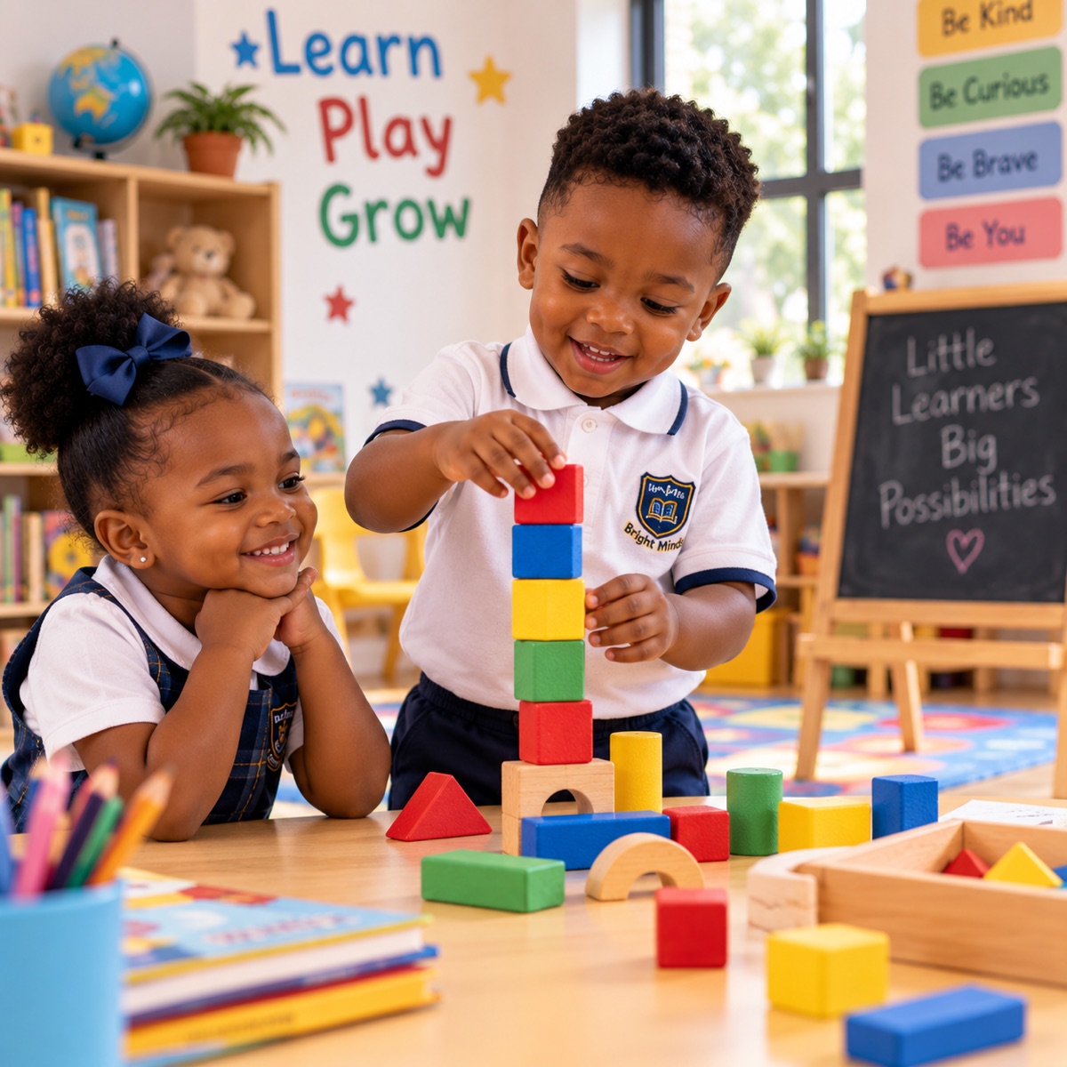 Two young kindergarten children stacking colourful wooden blocks in a bright classroom