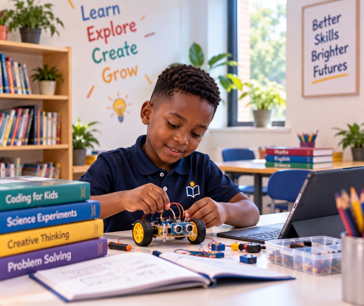 Boy at a learning centre working on a robotics kit with books and a tablet on the desk