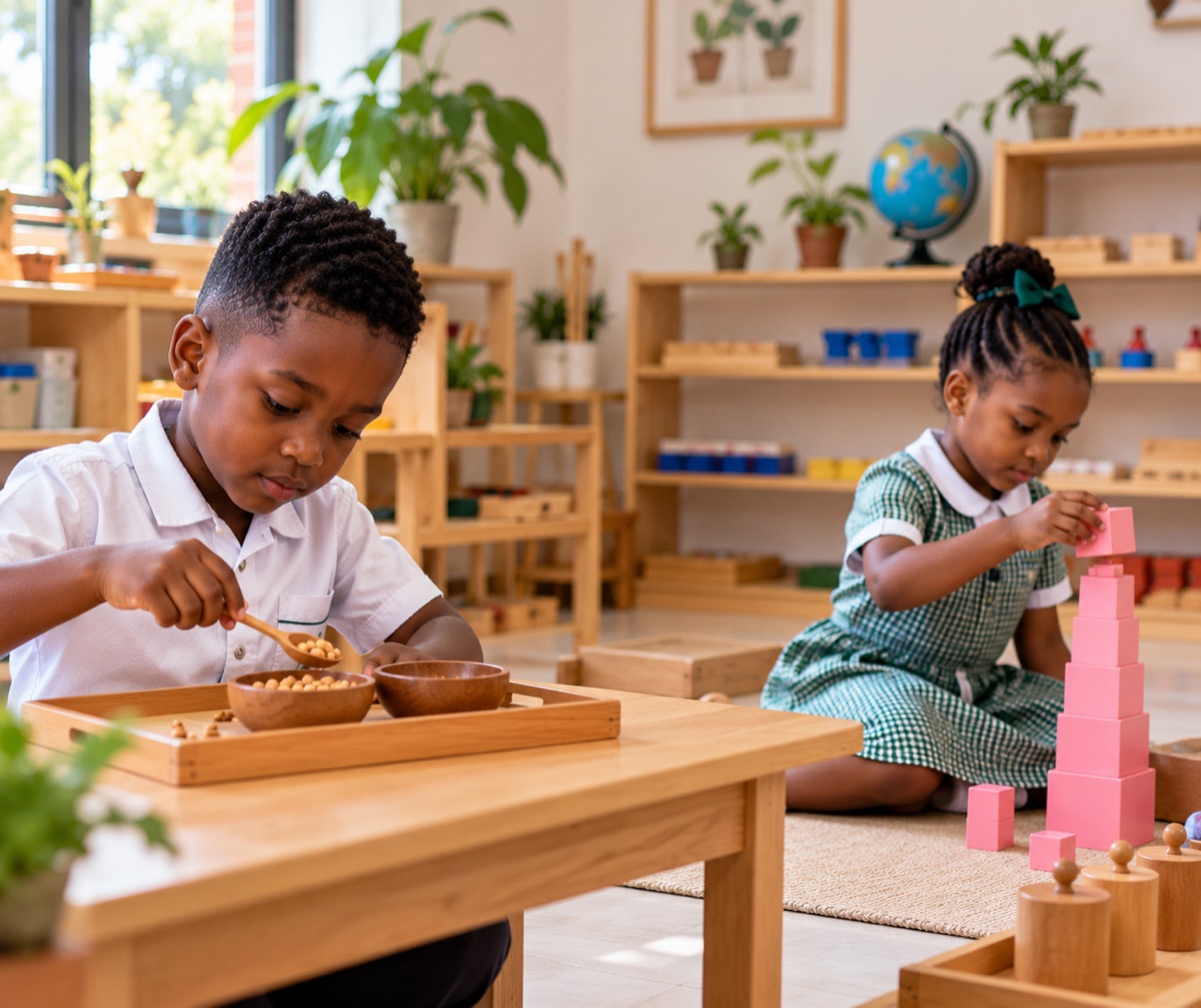 Two children in a Montessori classroom, one spooning beads, another with the pink tower