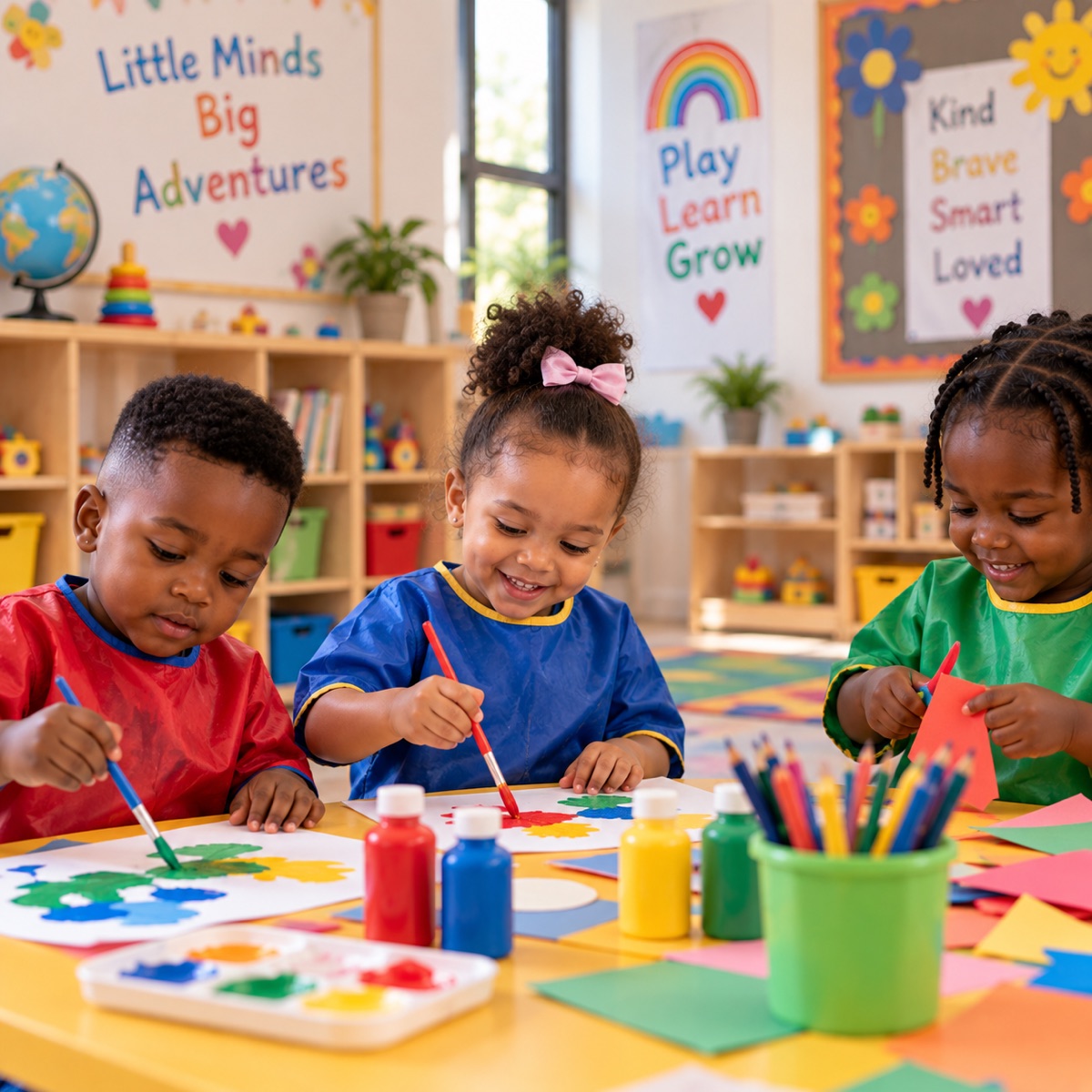 Preschool children painting and doing craft together at a colourful classroom table