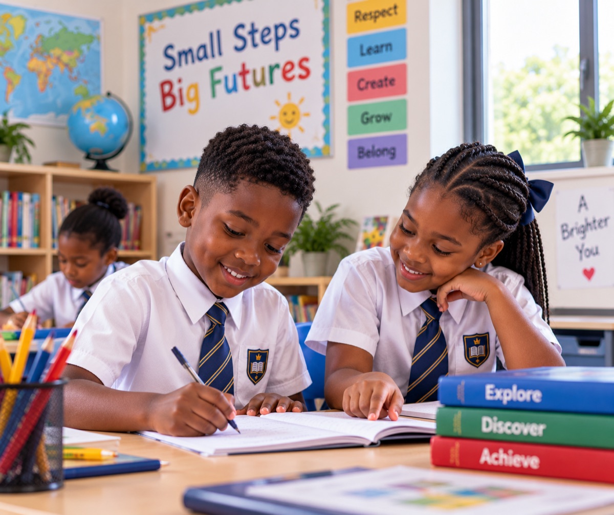 Two primary school pupils in uniform smiling as they work on a book at their desk