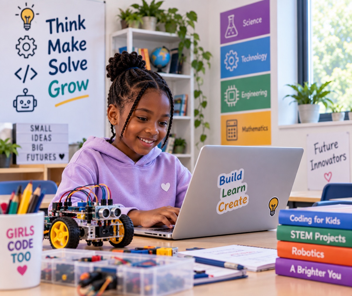 Girl coding on a laptop next to a robotics kit and STEM books in a bright classroom
